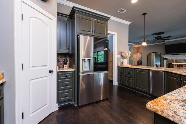 14 Cypress Valley Ct, Maumelle, AR 72113 - kitchen featuring stainless steel fridge, crown molding, a ceiling fan, dark wood-style floors, and decorative backsplash