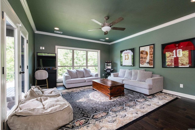 14 Cypress Valley Ct, Maumelle, AR 72113 - living room with crown molding, ceiling fan, wood finished floors, baseboards, and recessed lighting