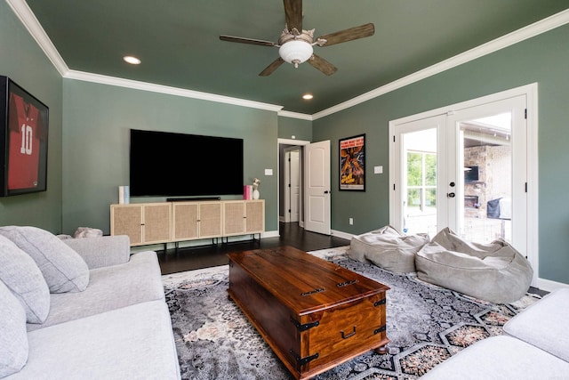 14 Cypress Valley Ct, Maumelle, AR 72113 - living room featuring ornamental molding, a ceiling fan, recessed lighting, baseboards, and wood finished floors