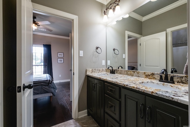14 Cypress Valley Ct, Maumelle, AR 72113 - bathroom with ensuite bath, ornamental molding, baseboards, double vanity, and ceiling fan