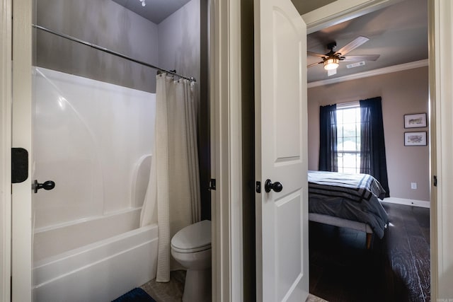 14 Cypress Valley Ct, Maumelle, AR 72113 - ensuite bathroom with baseboards, shower / bathtub combination with curtain, crown molding, ceiling fan, and toilet