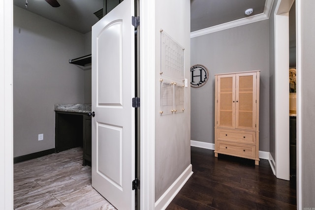 14 Cypress Valley Ct, Maumelle, AR 72113 - hallway featuring baseboards, crown molding, and wood finished floors