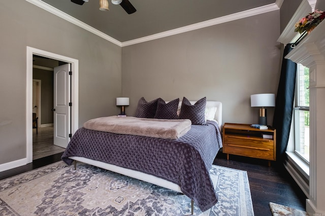 14 Cypress Valley Ct, Maumelle, AR 72113 - bedroom with dark wood finished floors, ornamental molding, baseboards, and ceiling fan