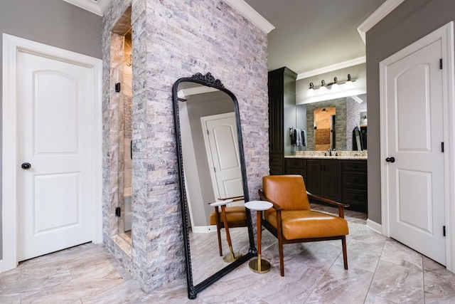 14 Cypress Valley Ct, Maumelle, AR 72113 - living area with crown molding, light marble finish flooring, and arched walkways