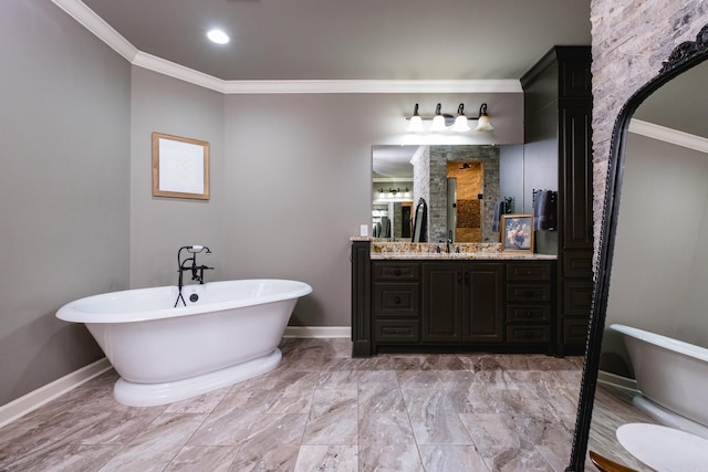 14 Cypress Valley Ct, Maumelle, AR 72113 - bathroom with crown molding, vanity, a soaking tub, baseboards, and recessed lighting