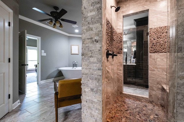 14 Cypress Valley Ct, Maumelle, AR 72113 - bathroom with ornamental molding, a ceiling fan, and a shower