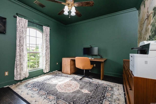 14 Cypress Valley Ct, Maumelle, AR 72113 - office space with ornamental molding, wood finished floors, a ceiling fan, and baseboards