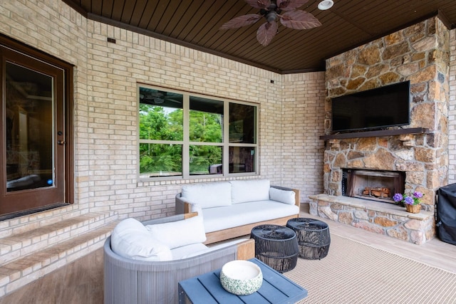 14 Cypress Valley Ct, Maumelle, AR 72113 - view of patio / terrace with an outdoor living space with a fireplace and a ceiling fan