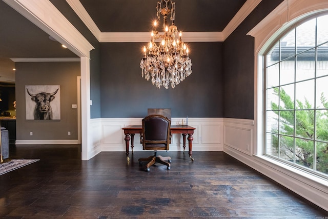 14 Cypress Valley Ct, Maumelle, AR 72113 - dining space with plenty of natural light, a chandelier, ornamental molding, wood finished floors, and wainscoting