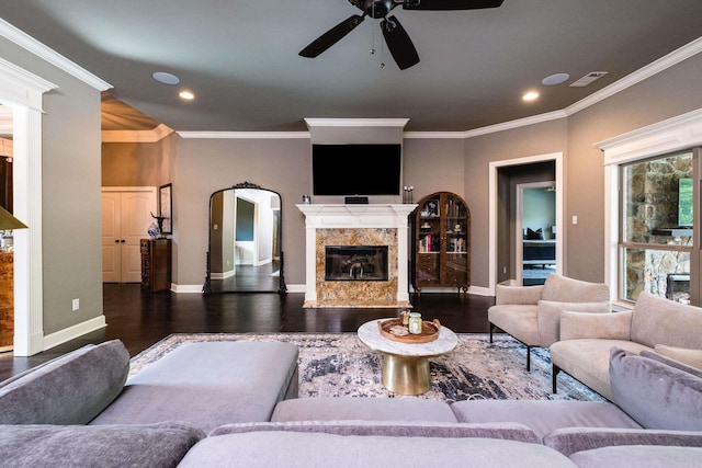 14 Cypress Valley Ct, Maumelle, AR 72113 - living area featuring a ceiling fan, wood finished floors, crown molding, recessed lighting, and a premium fireplace