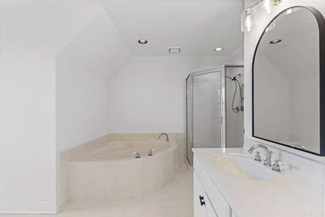 1208 Hilltop Rd, Alexander, AR 72022 - bathroom featuring vanity, a garden tub, a shower stall, crown molding, and recessed lighting