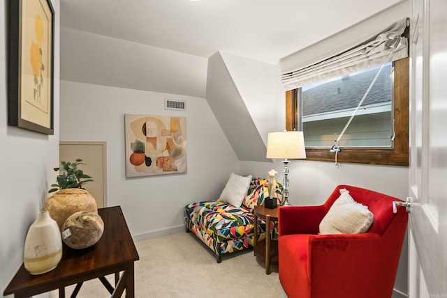 489 Ridgeway Dr, Little Rock, AR 72205 - living area featuring carpet flooring, baseboards, and vaulted ceiling