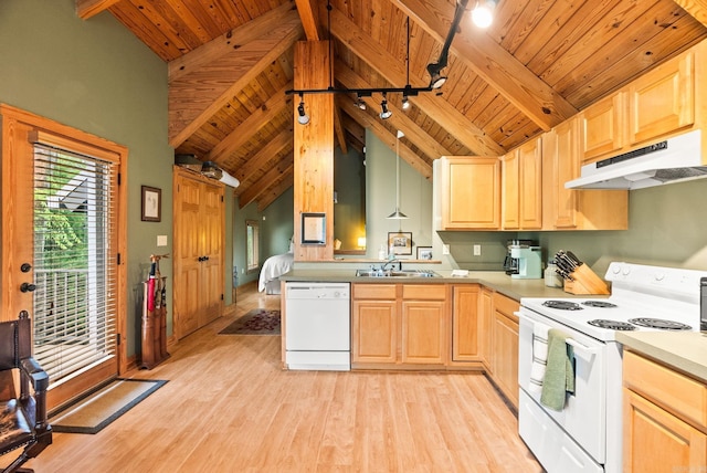 489 Ridgeway Dr, Little Rock, AR 72205 - kitchen featuring white appliances, under cabinet range hood, wood ceiling with exposed beams, light brown cabinets, and a sink