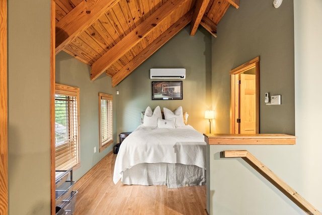 489 Ridgeway Dr, Little Rock, AR 72205 - bedroom featuring a wall mounted AC, wood finished floors, wooden ceiling with exposed beams, and high vaulted ceiling