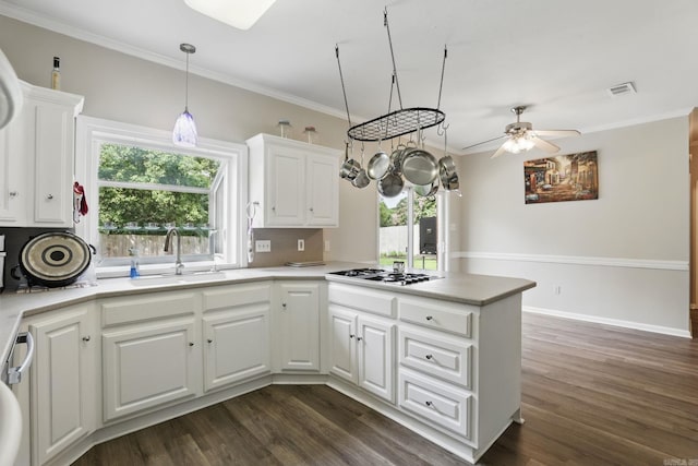 11 Crystal Mountain Ln, Maumelle, AR 72113 - kitchen with a sink, ceiling fan, dark wood finished floors, gas stovetop, and crown molding