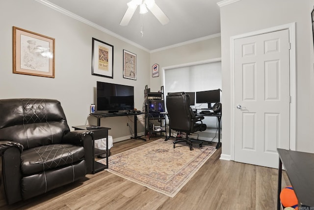 11 Crystal Mountain Ln, Maumelle, AR 72113 - office area with ornamental molding, wood finished floors, a ceiling fan, and baseboards