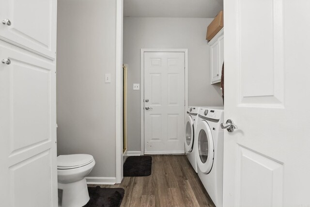 11 Crystal Mountain Ln, Maumelle, AR 72113 - laundry area with washer and dryer, dark wood finished floors, and baseboards