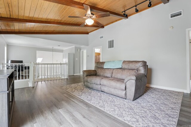 11 Crystal Mountain Ln, Maumelle, AR 72113 - living area featuring wooden ceiling with exposed beams, a ceiling fan, wood finished floors, baseboards, and high vaulted ceiling
