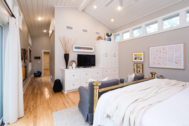 6709 Waverly Dr, Little Rock, AR 72207 - bedroom with high vaulted ceiling, light wood-type flooring, recessed lighting, and wood ceiling with exposed beams