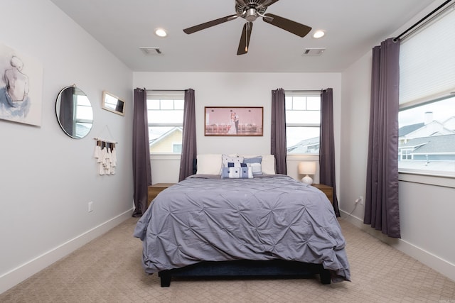 313 Parker St, North Little Rock, AR 72114 - bedroom featuring light carpet, baseboards, ceiling fan, and recessed lighting