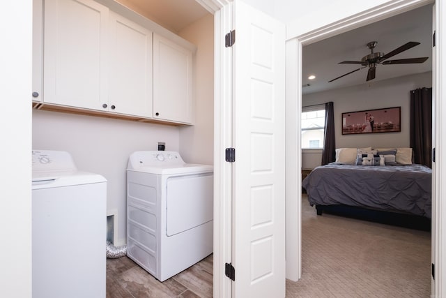 313 Parker St, North Little Rock, AR 72114 - washroom with cabinet space, independent washer and dryer, a ceiling fan, light wood-style flooring, and recessed lighting