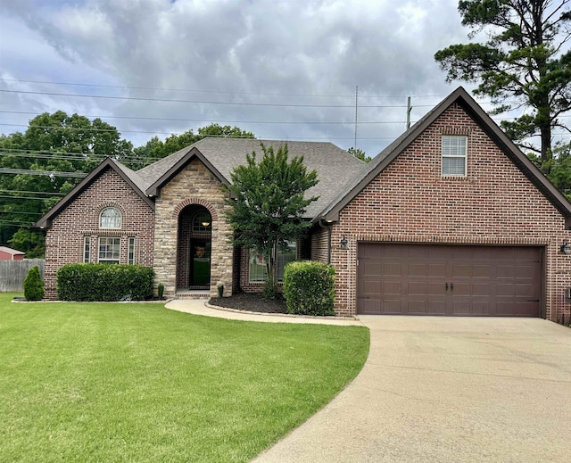 view of front of property featuring driveway, brick siding, a front yard, and a shingled roof