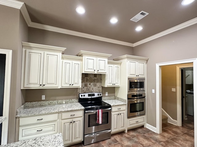 kitchen with appliances with stainless steel finishes, ornamental molding, light stone countertops, tasteful backsplash, and baseboards