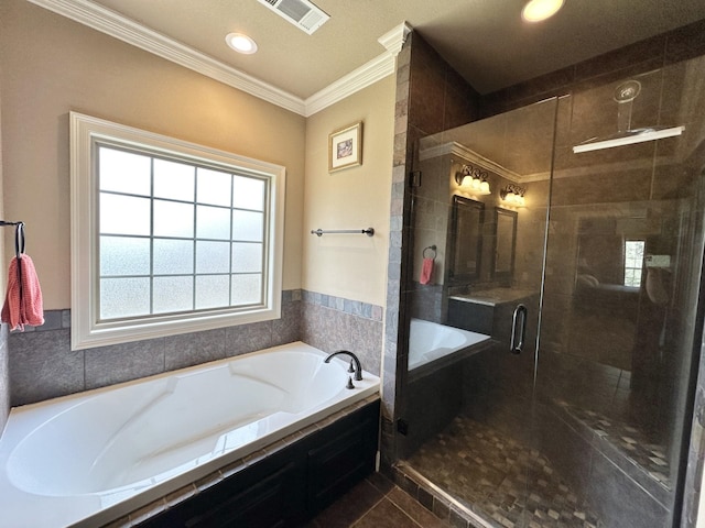 full bath featuring a bath, ornamental molding, a shower stall, tile patterned flooring, and recessed lighting