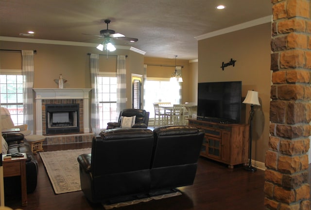 living area with a ceiling fan, a brick fireplace, dark wood-style flooring, plenty of natural light, and ornamental molding