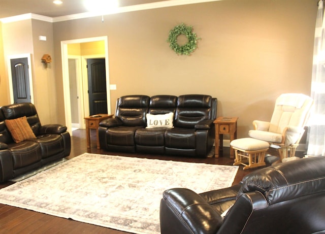 living room with ornamental molding, wood finished floors, and recessed lighting