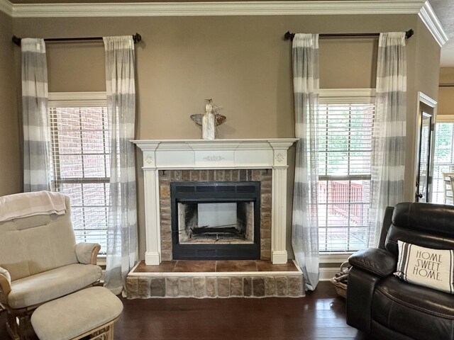 living area with crown molding, wood finished floors, a fireplace with raised hearth, and baseboards