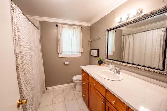 10111 Kling Rd, Mabelvale, AR 72103 - bathroom featuring vanity, ornamental molding, toilet, baseboards, and marble finish flooring