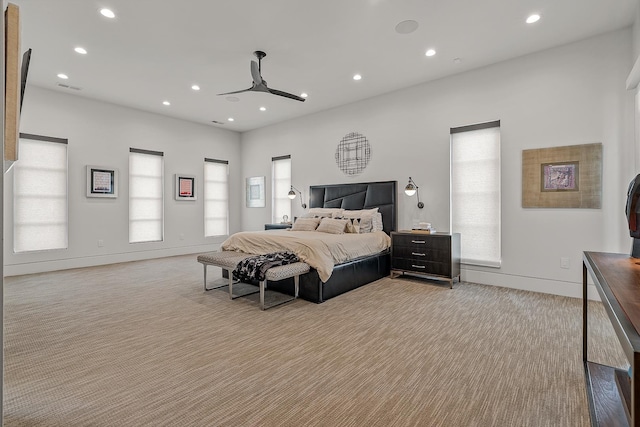 3307 Pruetts Chapel Rd, Paragould, AR 72450 - bedroom with light carpet, recessed lighting, baseboards, and a ceiling fan