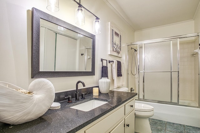 30 Segovia Dr, Hot Springs Village, AR 71909 - full bathroom with toilet, vanity, combined bath / shower with glass door, and ornamental molding