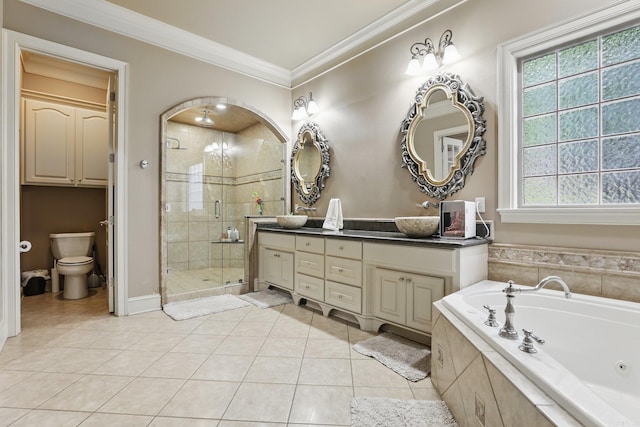 53 Maisons, Little Rock, AR 72223 - bathroom with double vanity, a stall shower, a whirlpool tub, ornamental molding, and tile patterned flooring