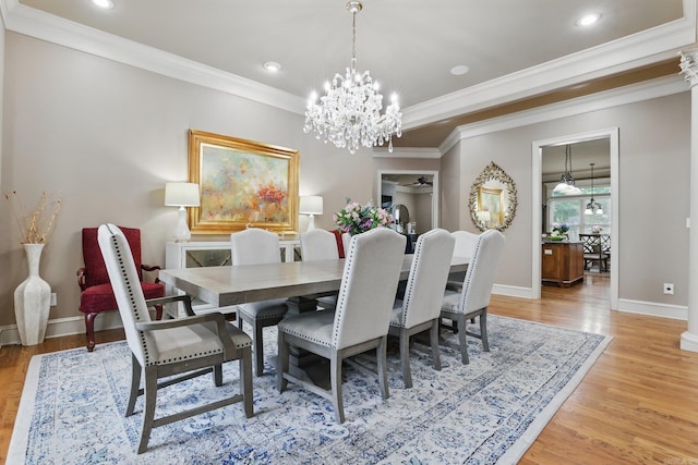 53 Maisons, Little Rock, AR 72223 - dining area featuring ornamental molding, baseboards, light wood-style floors, a chandelier, and recessed lighting