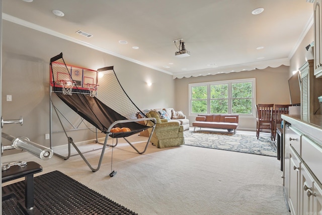 53 Maisons, Little Rock, AR 72223 - recreation room featuring light colored carpet, baseboards, ornamental molding, and recessed lighting