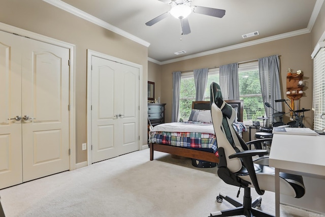 53 Maisons, Little Rock, AR 72223 - bedroom with light carpet, an office area, crown molding, baseboards, and ceiling fan