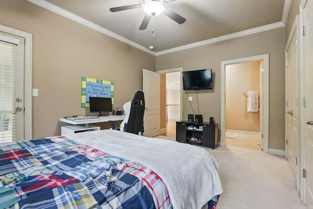 53 Maisons, Little Rock, AR 72223 - bedroom with ornamental molding, baseboards, light colored carpet, ceiling fan, and connected bathroom