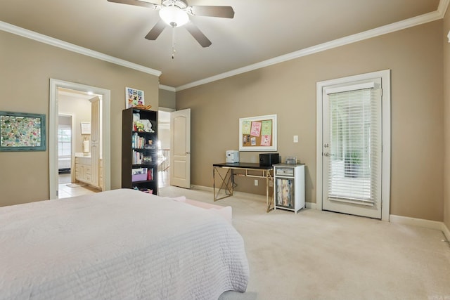 53 Maisons, Little Rock, AR 72223 - bedroom with crown molding, baseboards, light carpet, ensuite bathroom, and ceiling fan