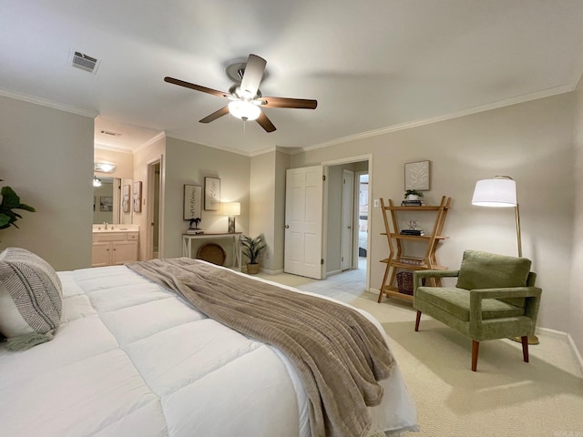 2200 Andover Ct Unit 403, Little Rock, AR 72227 - bedroom with light carpet, baseboards, crown molding, connected bathroom, and a ceiling fan