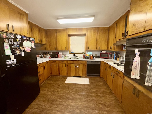 171 Sumter Dr, Malvern, AR 72104 - kitchen with black appliances, brown cabinets, crown molding, and wood finished floors