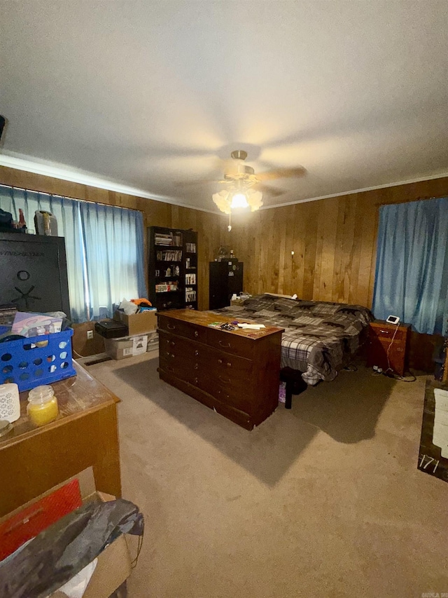 171 Sumter Dr, Malvern, AR 72104 - bedroom with wood walls, carpet floors, and a ceiling fan