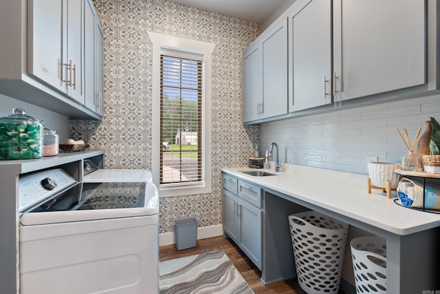152 Clayboy Dr, Austin, AR 72007 - laundry room featuring wallpapered walls, cabinet space, washing machine and dryer, dark wood finished floors, and baseboards