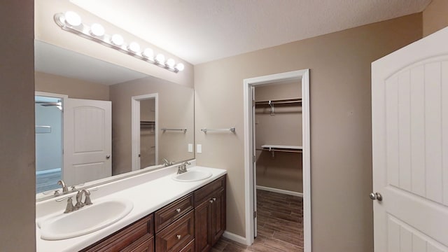 bathroom featuring double vanity, baseboards, a spacious closet, and wood finished floors
