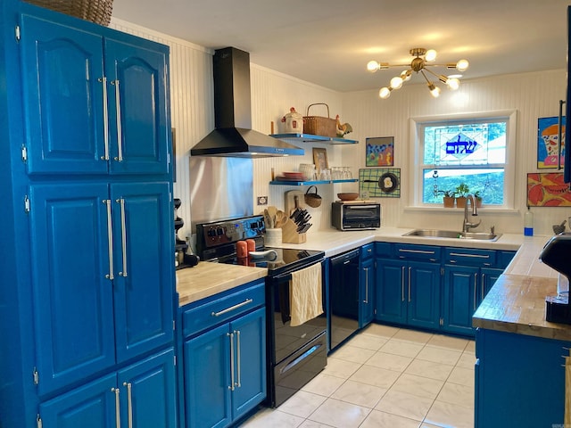 4613 Crestline Dr, North Little Rock, AR 72116 - kitchen featuring black appliances, wall chimney exhaust hood, blue cabinets, a sink, and a chandelier