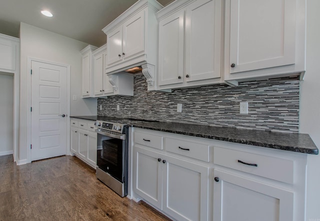 5045 Maple Leaf Dr, Benton, AR 72019 - kitchen with stainless steel stove, white cabinets, backsplash, dark wood finished floors, and dark stone countertops