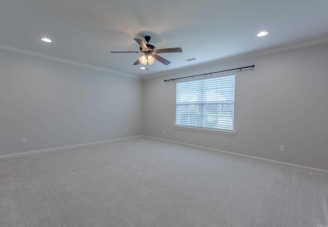 5045 Maple Leaf Dr, Benton, AR 72019 - unfurnished room with a ceiling fan, recessed lighting, ornamental molding, baseboards, and light carpet