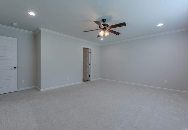 5045 Maple Leaf Dr, Benton, AR 72019 - unfurnished room with a ceiling fan, baseboards, recessed lighting, crown molding, and light carpet