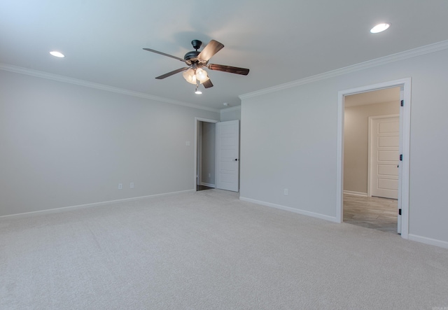 5045 Maple Leaf Dr, Benton, AR 72019 - spare room featuring a ceiling fan, recessed lighting, crown molding, baseboards, and light colored carpet